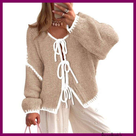 Chunky Knit Cardigan with Puff Sleeves Tie Front Bow Oversized Fit